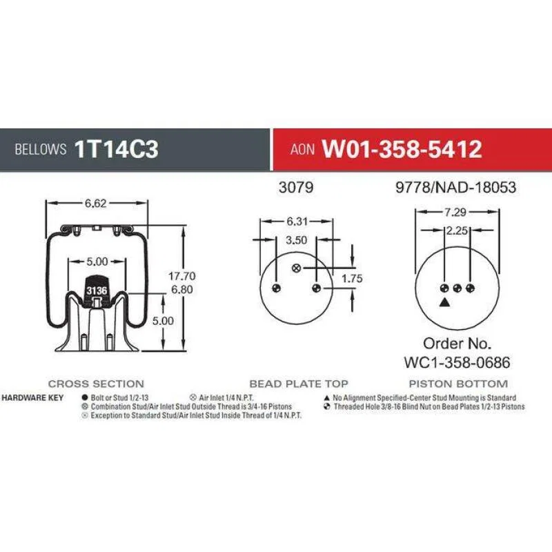 Firestone 5412, Ride-Rite Replacement Air Spring 1T14C3 RB 2BN 1/4NPT PST (W013585412)