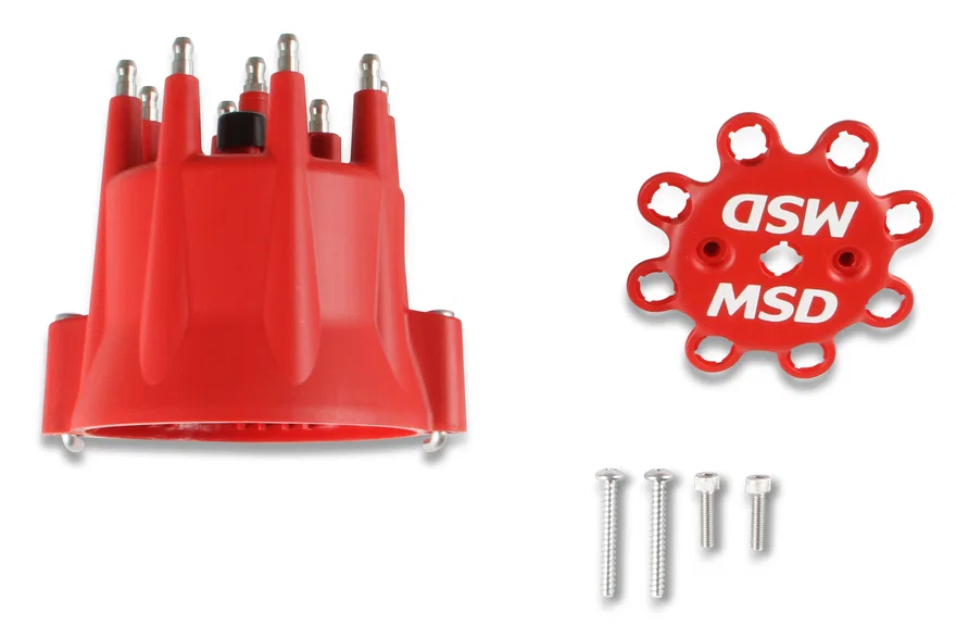 MSD 8433, Distributor Cap - V8 - HEI Terminals - Red - Spark Plug Wire Retainer