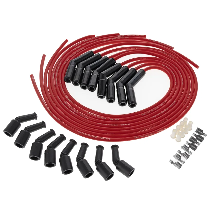Taylor Cable 75263-B, 8mm Spiro Pro Black Ceramic Boot LS Universal Wire Set 135 Deg Red Wire