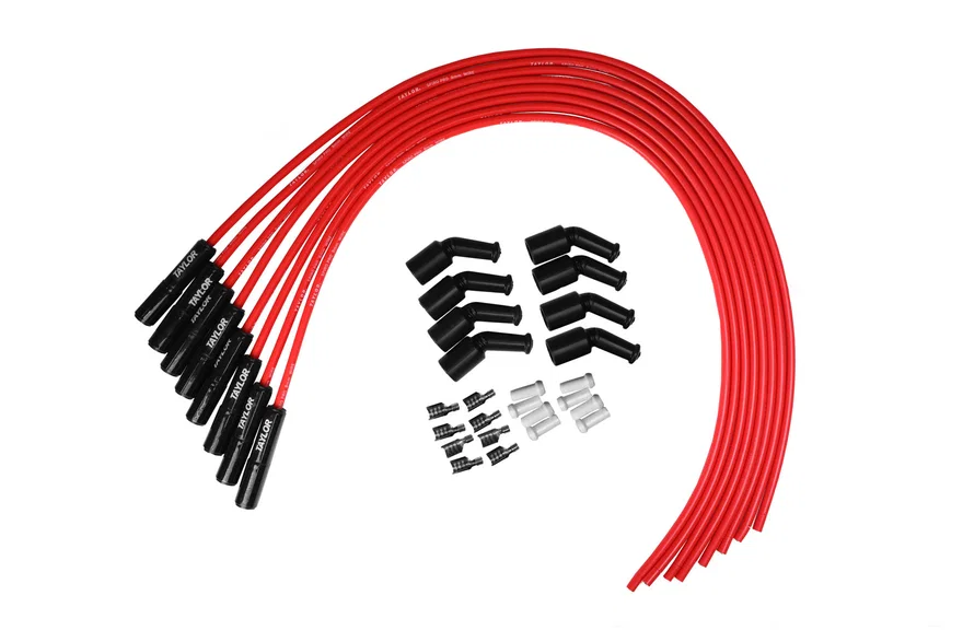 Taylor Cable 75265-B, 8mm Spiro Pro Black Ceramic Boot Universal LS Wire Set 180˚ Red Wire