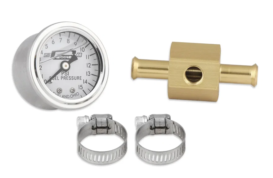 Mr Gasket 1564, Fuel Block with 0-15 PSI Liquid Filled Fuel Pressure Gauge