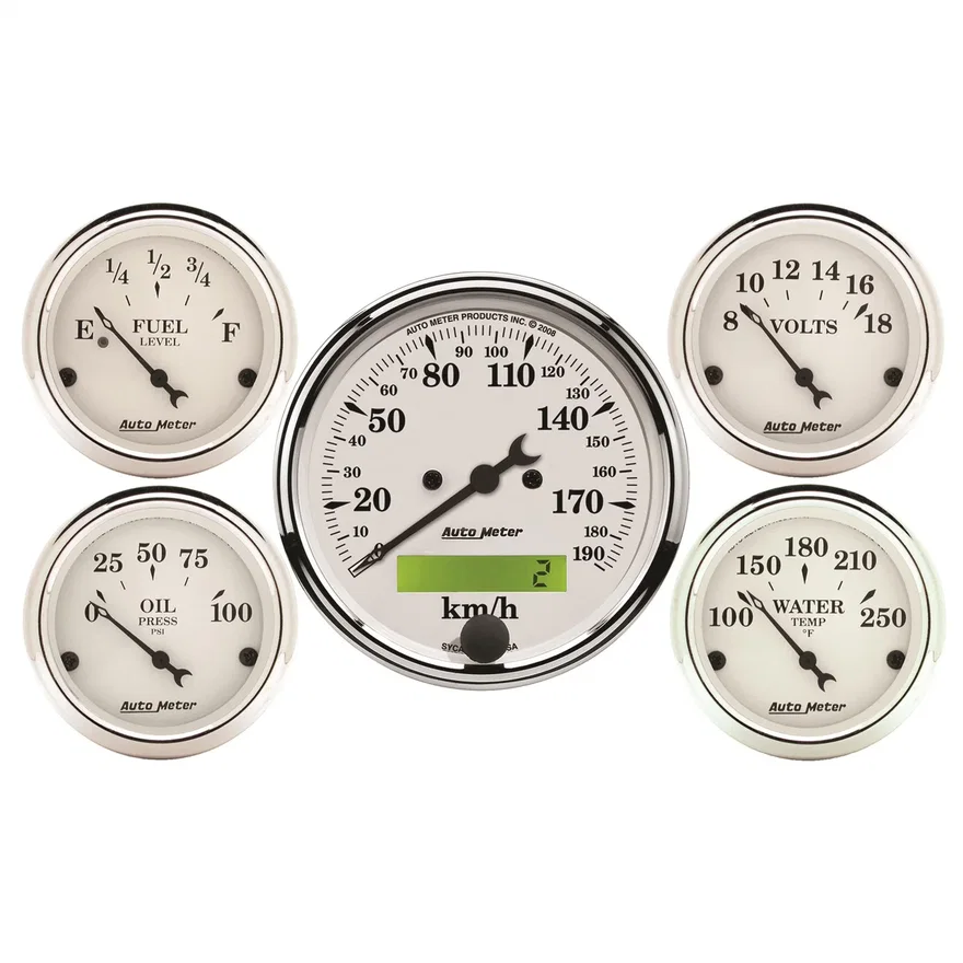 AutoMeter 1602-M, GAUGE KIT; 5 PC.; 3 1/8in./2 1/16in.; ELEC. KM/H SPEEDOMETER; OLD TYME WHITE