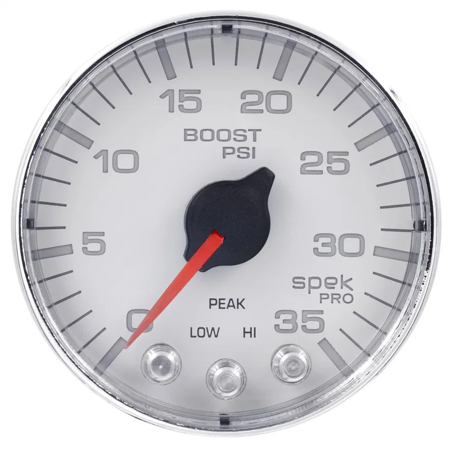 AutoMeter P303118, GAUGE; BOOST; 2 1/16in.; 35PSI; STEPPER MOTOR W/PEAK/WARN; WHT/CHROME; SPEK-PRO