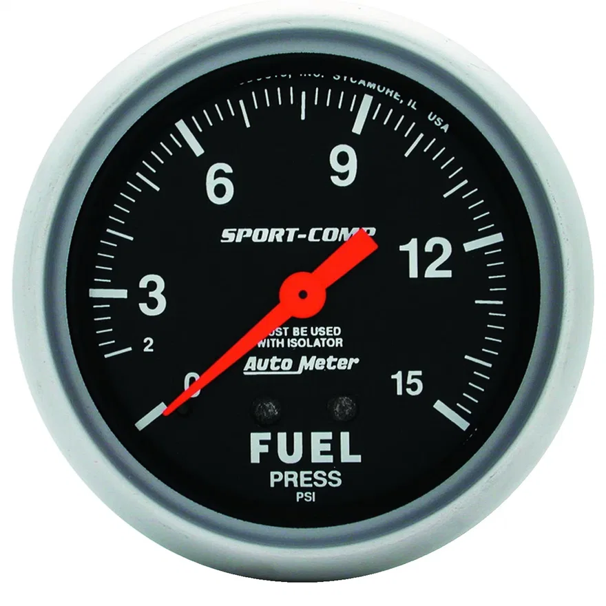 AutoMeter 3413, GAUGE; FUEL PRESSURE; 2 5/8in.; 15PSI; MECHANICAL W/ISOLATOR; SPORT-COMP