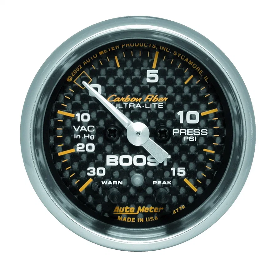 AutoMeter 4776, GAUGE; VAC/BOOST; 2 1/16in.; 30INHG-15PSI; STEPPER MOTOR W/PK/WRN; CARBON FIBER