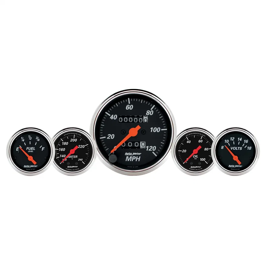 AutoMeter 1411, GAUGE KIT; 5 PC.; 3 1/8in./2 1/16in.; MECH. SPEEDO.; WTMP/OILP; DESIGNER BLK