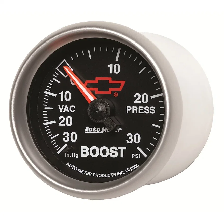 AutoMeter 3603-00406, GAUGE; VAC/BOOST; 2 1/16in.; 30INHG-30PSI; MECHANICAL; CHEVY RED BOWTIE; BLACK