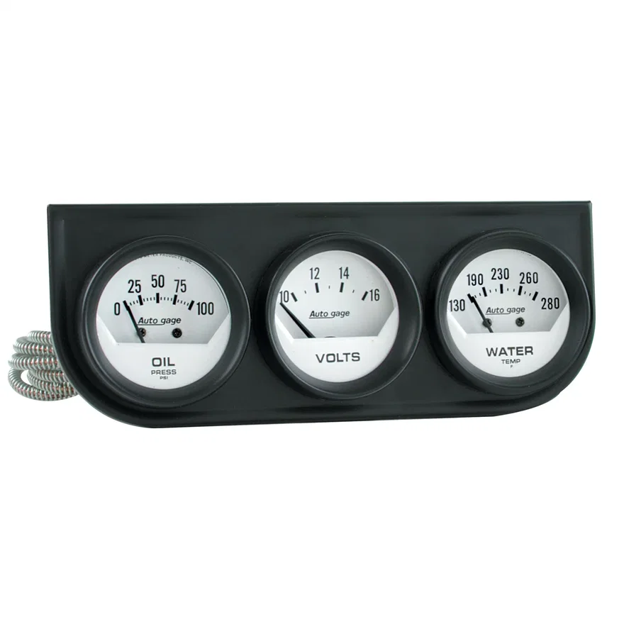 AutoMeter 2324, GAUGE CONSOLE; OILP/WTMP/VOLT; 2in.; 100PSI/280deg.F/16V; WHT DIAL; BLK BZL; AG