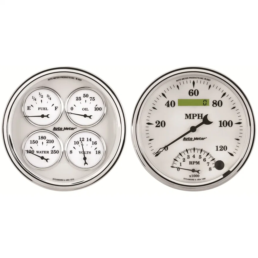 AutoMeter 1203, GAUGE KIT; 2 PC.; QUAD/TACH/SPEEDO; 5in.; OLD TYME WHITE II