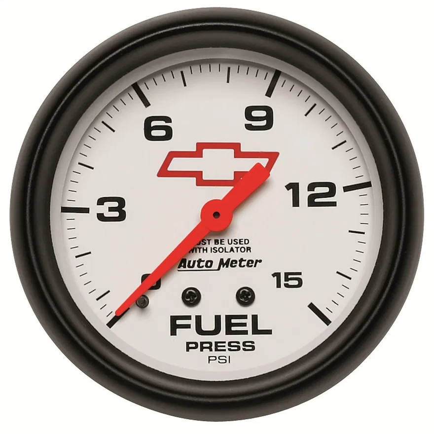 AutoMeter 5813-00406, GAUGE; FUEL PRESS; 2 5/8in.; 15PSI; MECH W/ISOLATOR; CHEVY RED BOWTIE; WHITE