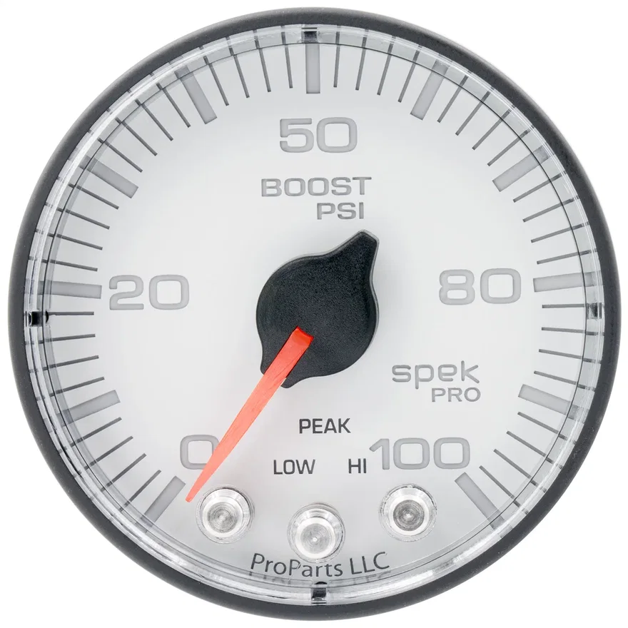 AutoMeter P305128, GAUGE; BOOST; 2 1/16in.; 100PSI; STEPPER MOTOR W/PEAK/WARN; WHT/BLK; SPEK-PRO