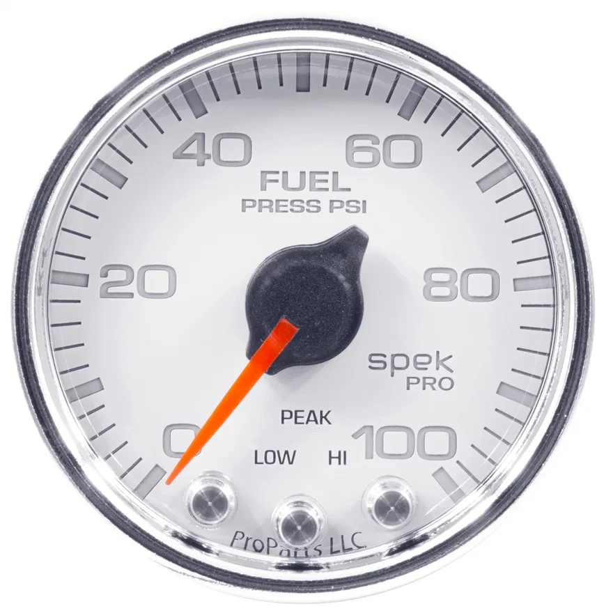 AutoMeter P31411, GAUGE; FUEL PRESS; 2 1/16in.; 100PSI; STEPPER MOTOR W/PEAK/WARN; WHT/CHRM; SPEK