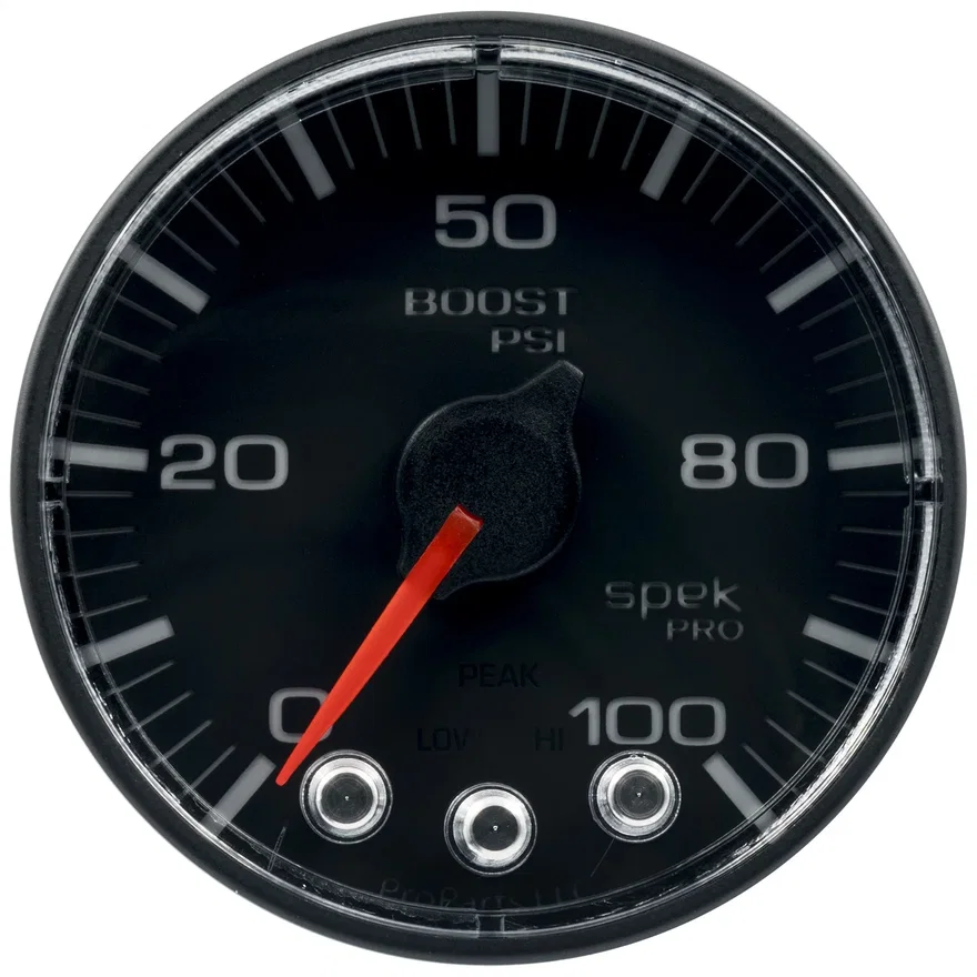 AutoMeter P305328, GAUGE; BOOST; 2 1/16in.; 100PSI; STEPPER MOTOR W/PEAK/WARN; BLK/BLK; SPEK-PRO