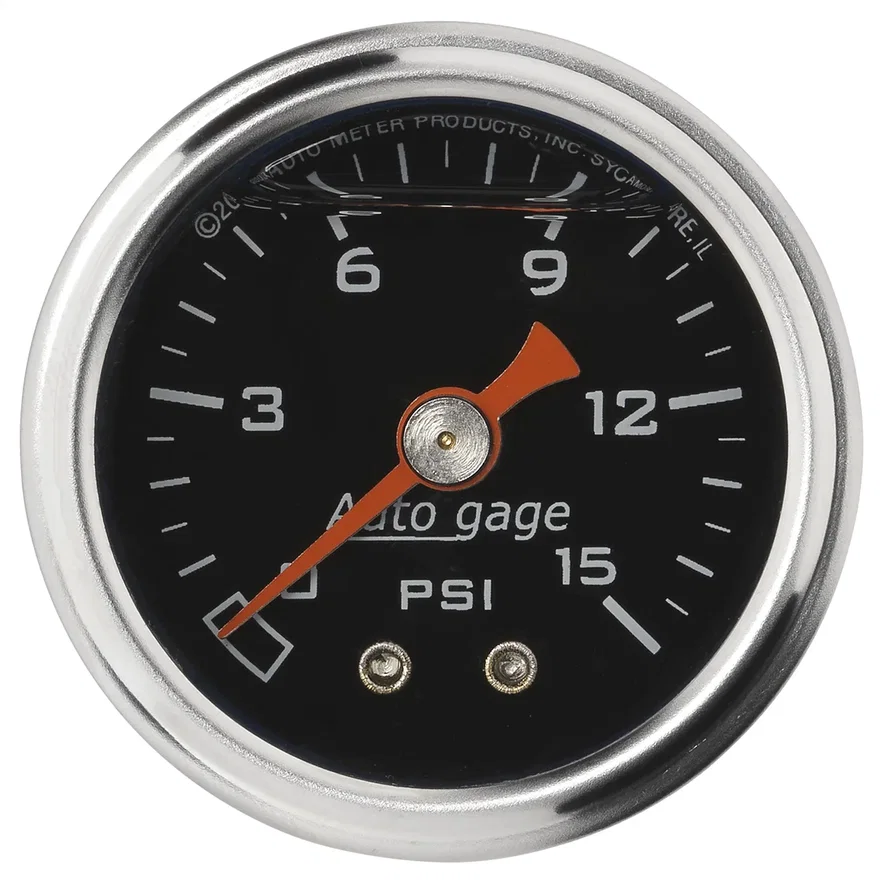 AutoMeter 2172, GAUGE; PRESSURE; 1.5in. DIRECT MNT; 15PSI; LIQUID FILLED MECH; BLK; 1/8in. NPTF