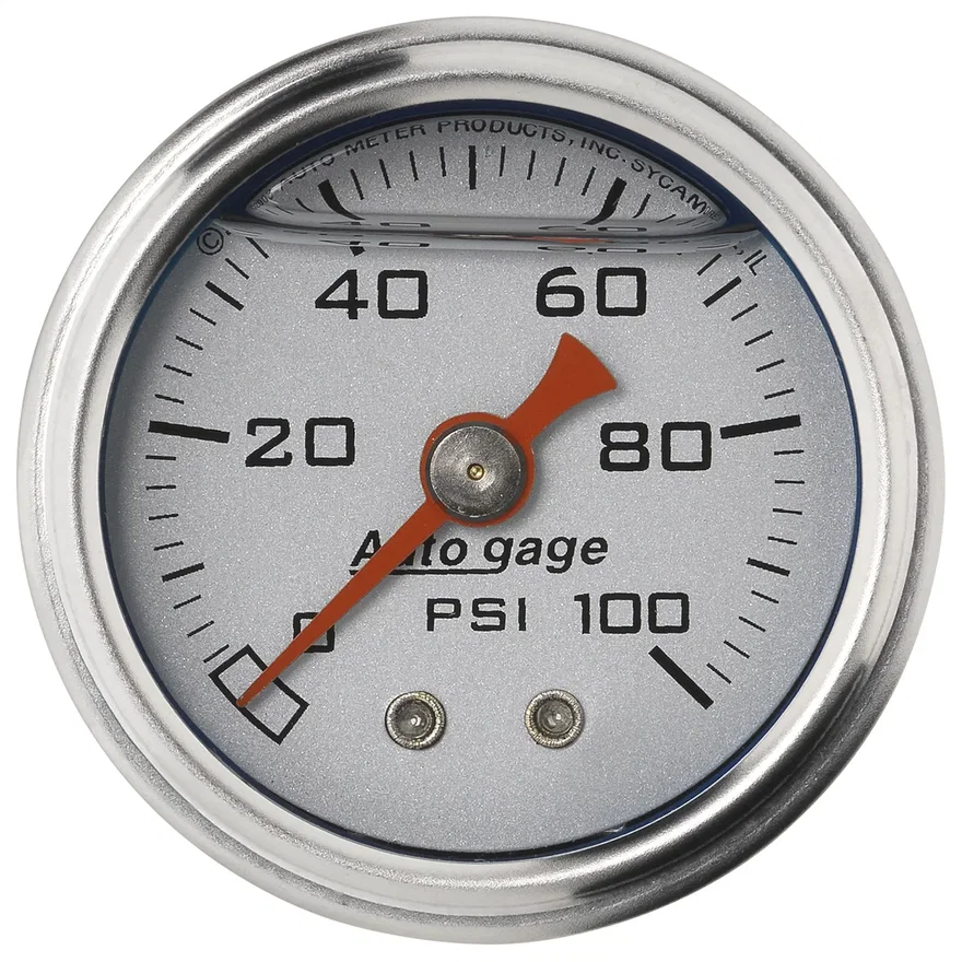 AutoMeter 2180, GAUGE; PRESS; 1.5in. DIRECT MNT; 100PSI; LIQUID FILLED MECH; SLVR; 1/8in. NPTF M