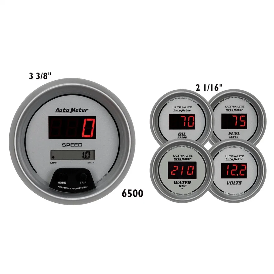 AutoMeter 6500, GAUGE KIT; 5 PC.; 3 3/8in./2 1/16in.; ELEC. SPEEDO.; DIGITAL; SILVER W/RED LED