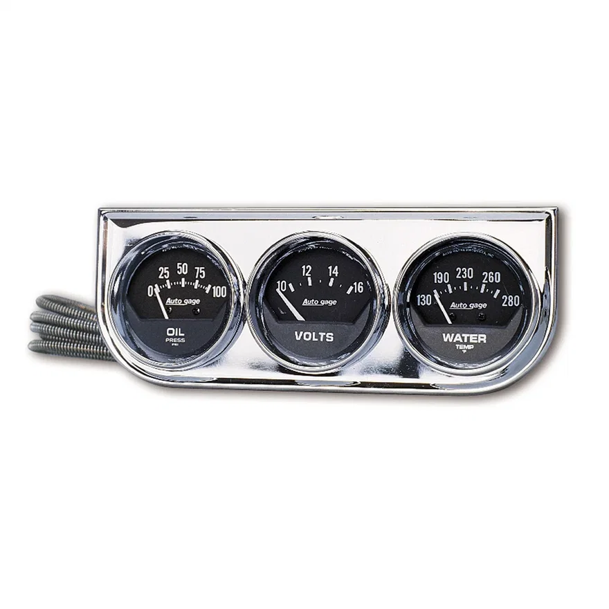 GAUGE CONSOLE; OILP/WTMP/VOLT; 2in.; 100PSI/280deg.F/16V; BLK DIAL; CHROME BZL
