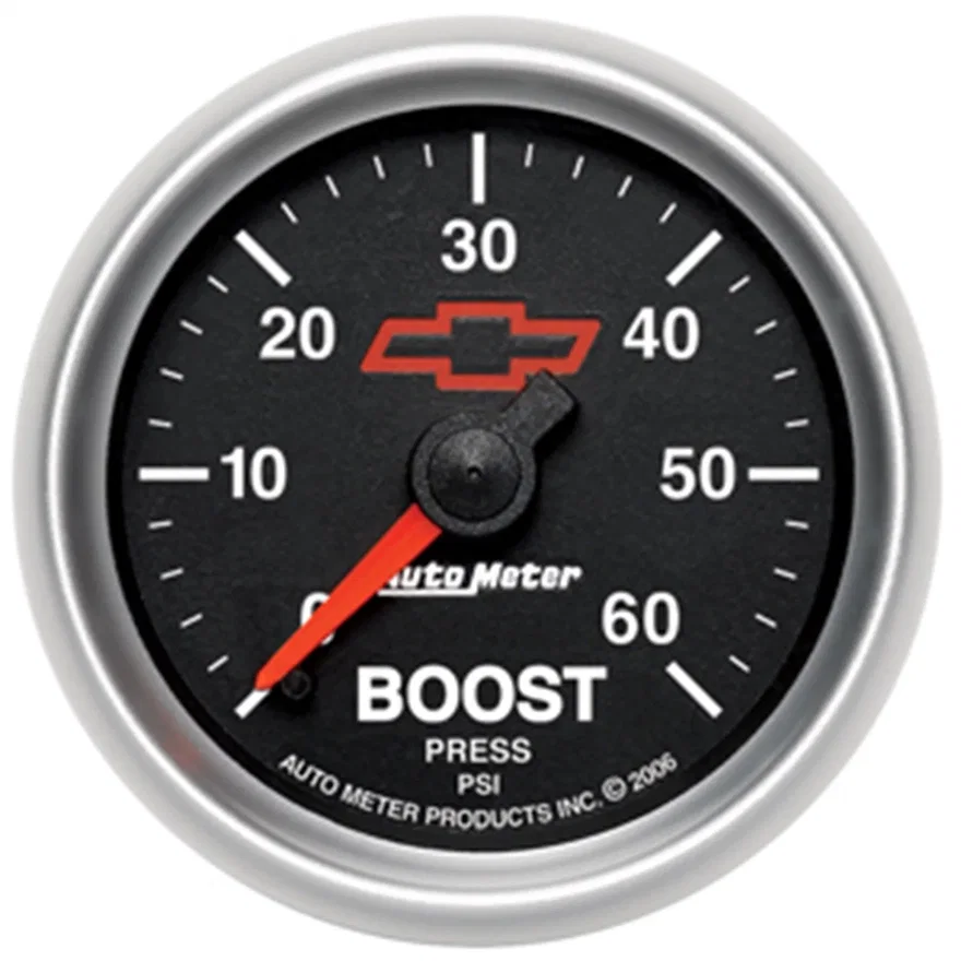 AutoMeter 3605-00406, GAUGE; BOOST; 2 1/16in.; 60PSI; MECHANICAL; CHEVY RED BOWTIE; BLACK
