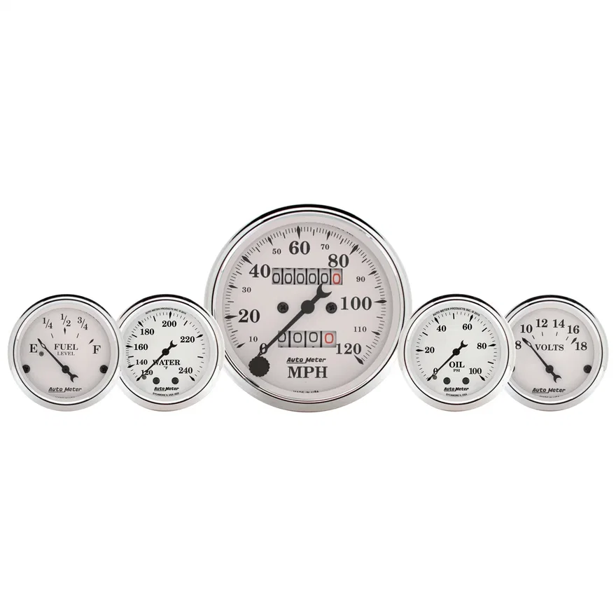 AutoMeter 1611, GAUGE KIT; 5 PC.; 3 1/8in./2 1/16in.; MECH. SPEEDO.; WTMP/OILP; OLD TYME WHT