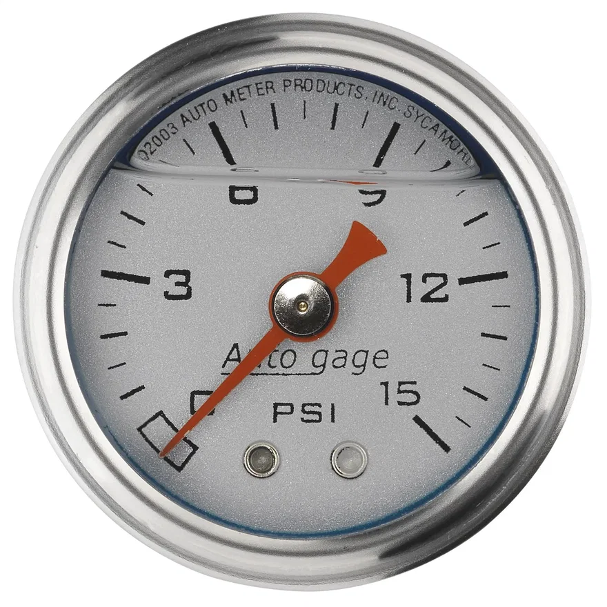 AutoMeter 2178, GAUGE; PRESS; 1.5in. DIRECT MNT; 15PSI; LIQUID FILLED MECH; SLVR; 1/8in. NPTF MA
