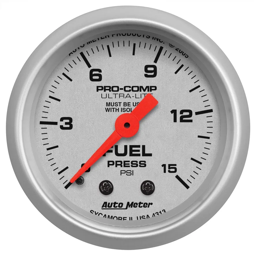AutoMeter 4313, GAUGE; FUEL PRESSURE; 2 1/16in.; 15PSI; MECHANICAL W/ISOLATOR; ULTRA-LITE