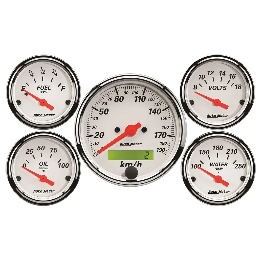 AutoMeter 1302-M, GAUGE KIT; 5 PC.; 3 1/8in./2 1/16in.; ELEC. KM/H SPEEDO.; ARCTIC WHITE