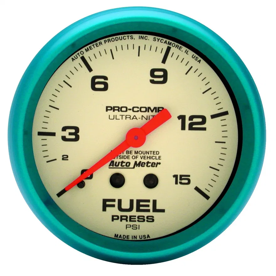 AutoMeter 4511, GAUGE; FUEL PRESS; 2 5/8in.; 15PSI; MECH.; GLOW IN THE DARK; ULTRA-NITE