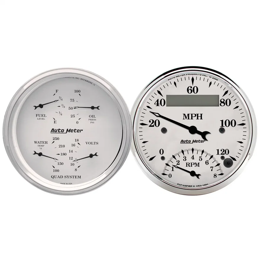 AutoMeter 1620, GAUGE KIT; 2 PC.; QUAD/TACH/SPEEDO; 3 3/8in.; OLD TYME WHITE