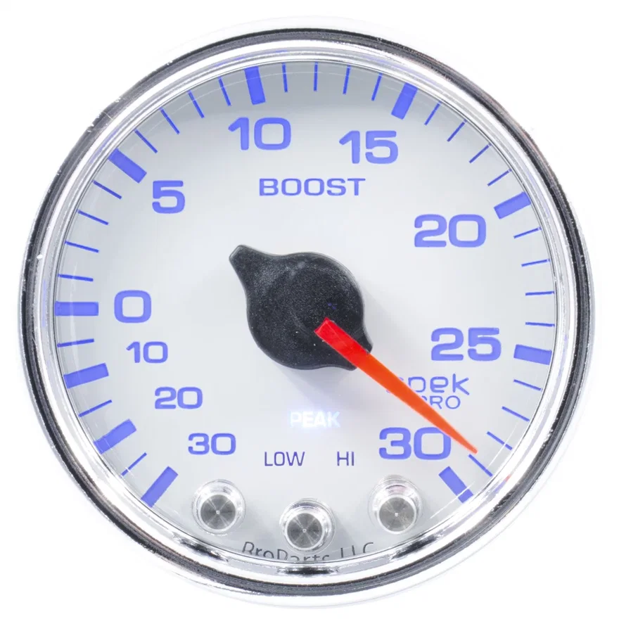 AutoMeter P30211, GAUGE; VAC/BOOST; 2 1/16in.; 30INHG-30PSI; STEPPER MTR W/PK/WRN; WHT/CHRME; SPEK