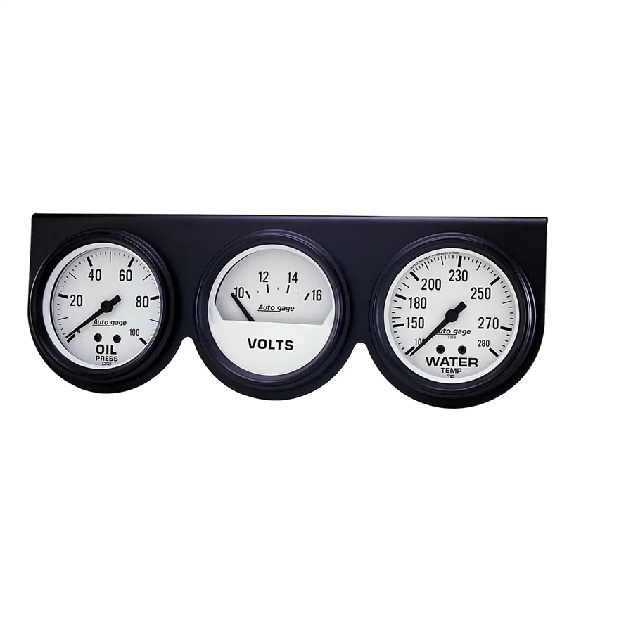 GAUGE CONSOLE; OILP/WTMP/VOLT; 2 5/8in.; 100PSI/280deg.F/16V; WHT DIAL; BLK BZL
