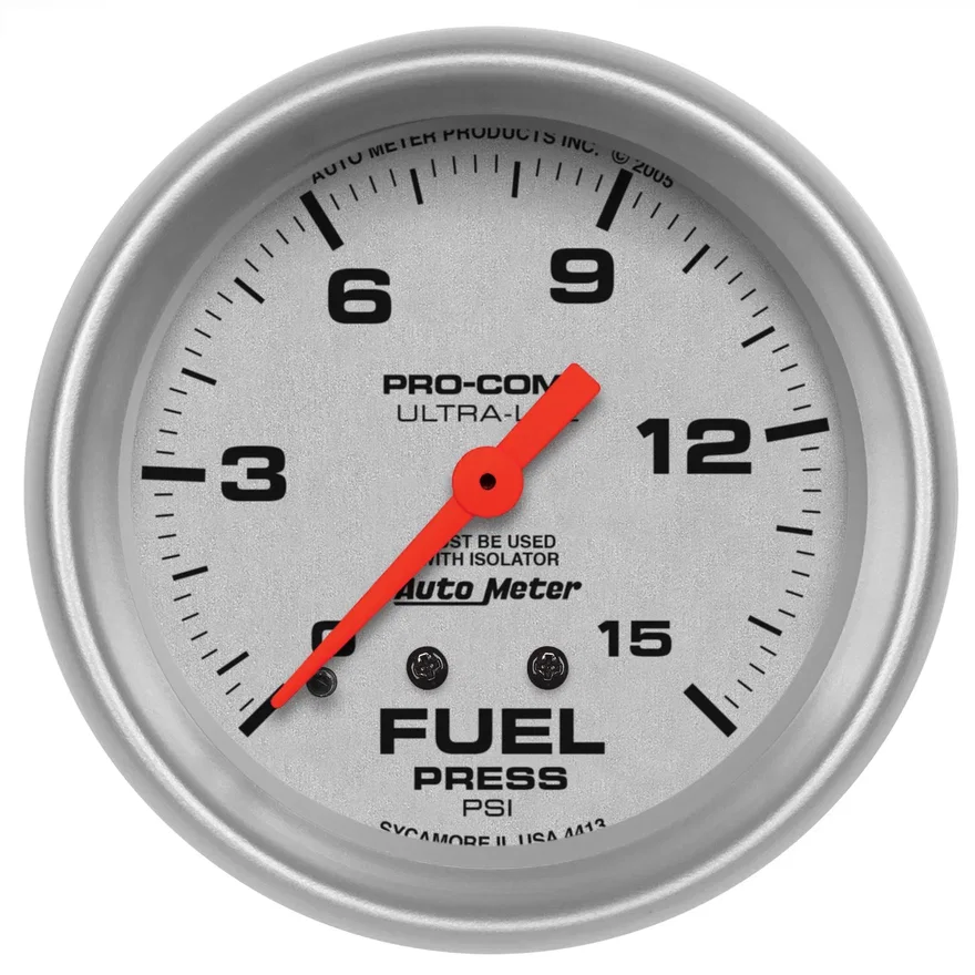 AutoMeter 4413, GAUGE; FUEL PRESSURE; 2 5/8in.; 15PSI; MECHANICAL W/ISOLATOR; ULTRA-LITE