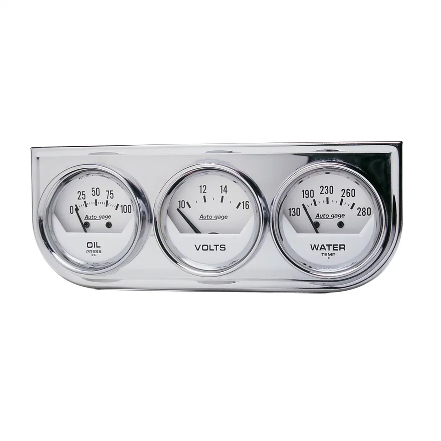GAUGE CONSOLE; OILP/WTMP/VOLT; 2in.; 100PSI/280deg.F/16V; WHT DIAL; CHROME BZL