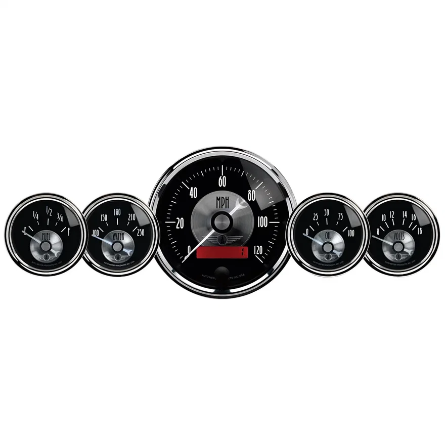 AutoMeter 2001, GAUGE KIT; 5 PC; 3 3/8in./2 1/16in.; ELEC SPEEDO W/LCD ODO; PRESTIGE BLK. DIAMON