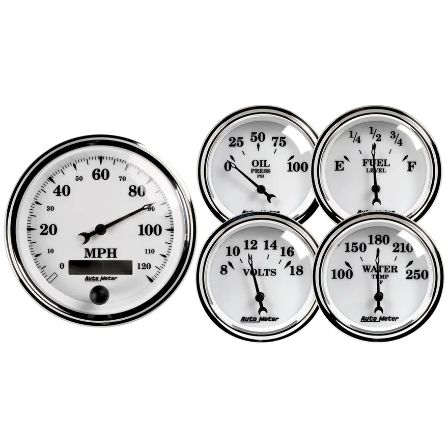 AutoMeter 1200, GAUGE KIT; 5 PC.; 3 3/8in./2 1/16in.; ELEC. SPEEDOMETER; OLD TYME WHITE II