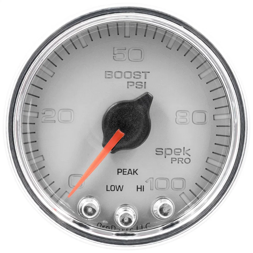 AutoMeter P30521, GAUGE; BOOST; 2 1/16in.; 100PSI; STEPPER MOTOR W/PEAK/WARN; SLVR/CHRM; SPEK-PRO
