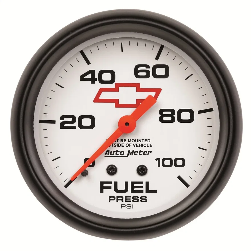 AutoMeter 5812-00406, GAUGE; FUEL PRESS; 2 5/8in.; 100PSI; MECHANICAL; CHEVY RED BOWTIE; WHITE