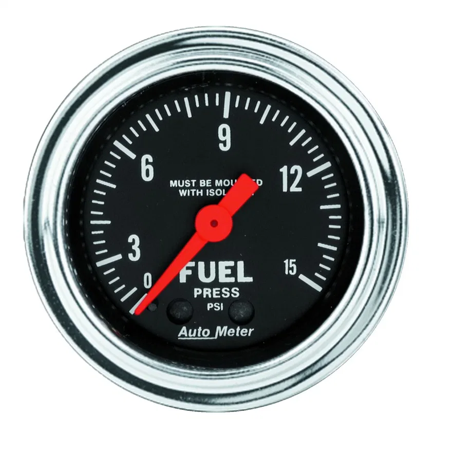 AutoMeter 2413, GAUGE; FUEL PRESSURE; 2 1/16in.; 15PSI; MECH. W/ISOLATOR; TRADITIONAL CHROME