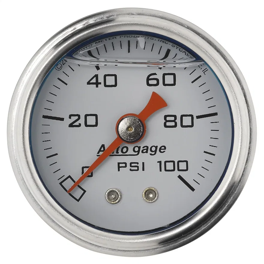 AutoMeter 2177, GAUGE; PRESS; 1.5in. DIRECT MNT; 100PSI; LIQUID FILLED MECH; WHT; 1/8in. NPTF MA