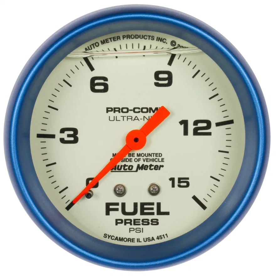 AutoMeter 4211, GAUGE; FUEL PRESS; 2 5/8in.; 15PSI; LIQUID FILLED MECH; GLOW IN DARK; ULTRA-NITE