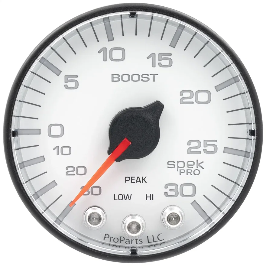 AutoMeter P302128, GAUGE; VAC/BOOST; 2 1/16in.; 30INHG-30PSI; STEPPER MOTOR W/PK/WRN; WHT/BLK; SPEK