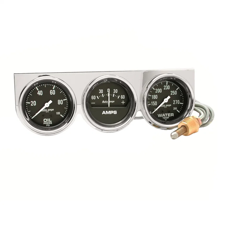 AutoMeter 2395, GAUGE CONSOLE; OILP/WTMP/AMP; 2 5/8in.; 100PSI/280deg.F/60A; BLK DIAL; CHROME BZ