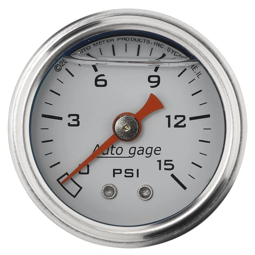 AutoMeter 2175, GAUGE; PRESSURE; 1.5in. DIRECT MNT; 15PSI; LIQUID FILLED MECH; WHT; 1/8in. NPTF