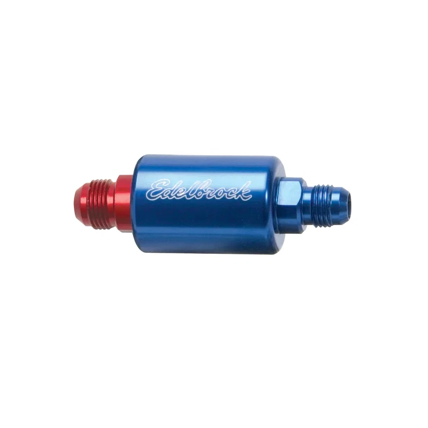 Edelbrock 8130, High Flow Billet Aluminum Fuel Filter in Blue Finish