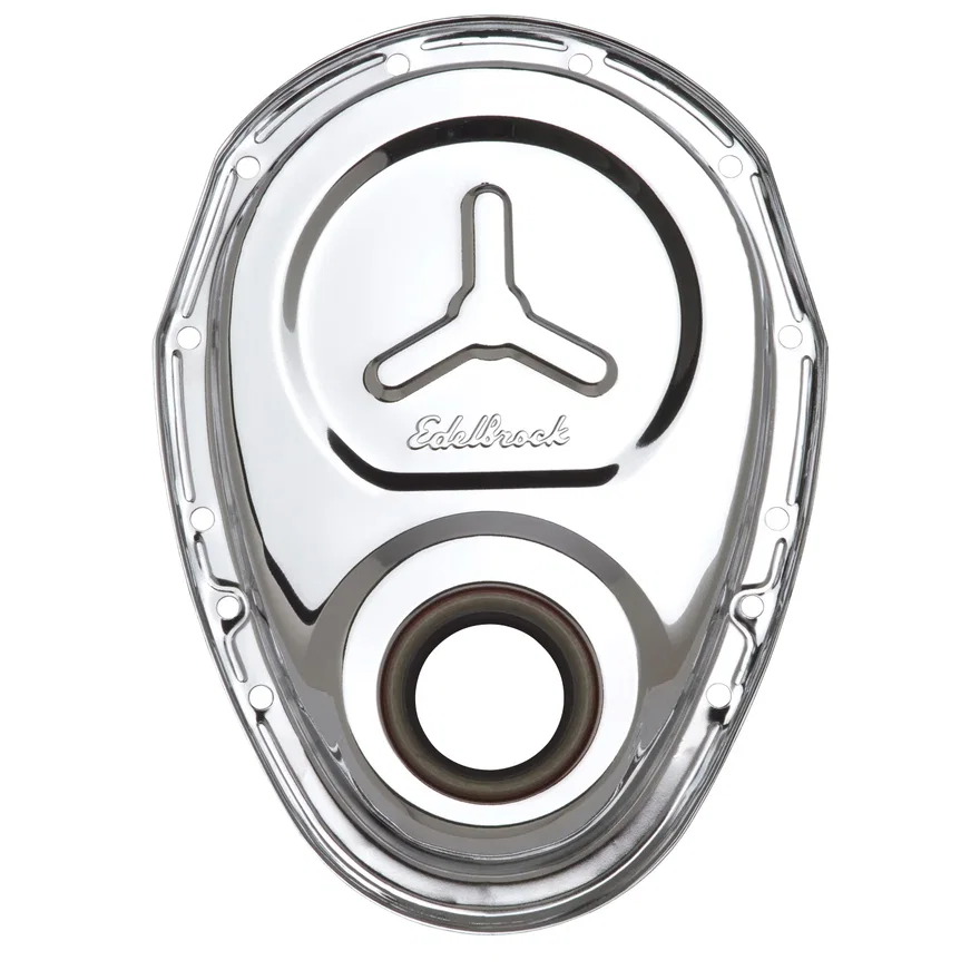 Edelbrock 4860, Timing Cover SBC Stamped Steel W/Welded Star & Logo Chrome