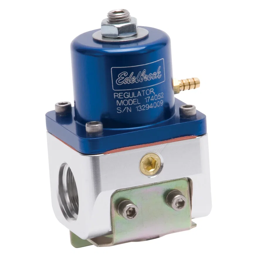 Edelbrock 174052, Carbureted Adjustable Bypass Fuel Pressure Regulator (180 GPH) in Blue Finish
