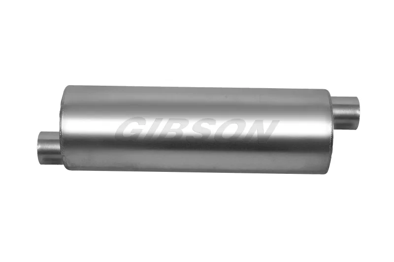 Gibson 788706S, SFT Superflow Offset/Offset Round Muffler - 6x19in/2.25in Inlet/2.25in Outlet - Stainless