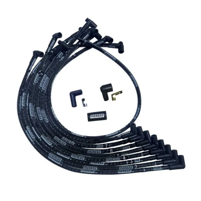 Moroso 51525, SBC Over Valve Cover 90 Deg Plug End HEI Sleeved Ultra Spark Plug Wire Set - Black