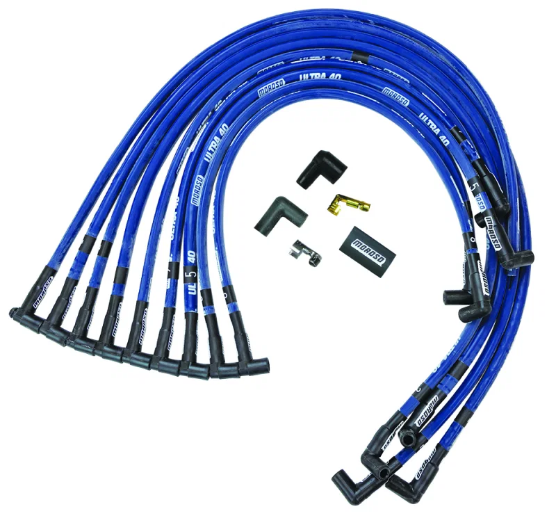 Moroso 73607, Chevrolet Small Block Ignition Wire Set - Ultra 40 - Sleeved - HEI - 90 Degree - Blue