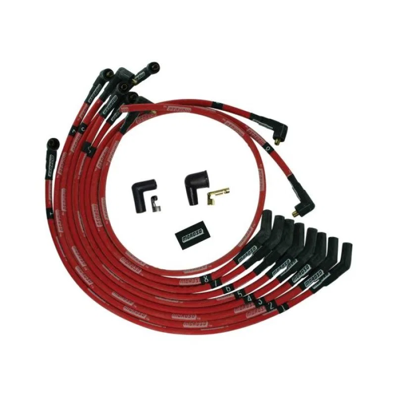 Moroso 52573, SB Ford 351W 135 Deg Plug Boots Non-HEI Sleeved Ultra Spark Plug Wire Set - Red