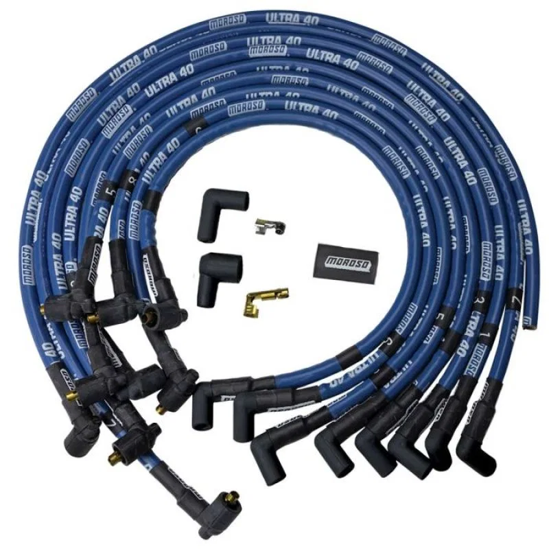 Moroso 73621, Chevrolet Big Block Ignition Wire Set - Ultra 40 - Sleeved - Non-HEI - Crab - 90 Degree -Blue